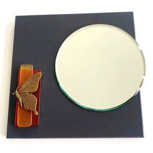 Unique Homemade Square 6” Tile Wall Art Attached Small Round Mirror & Butterfly